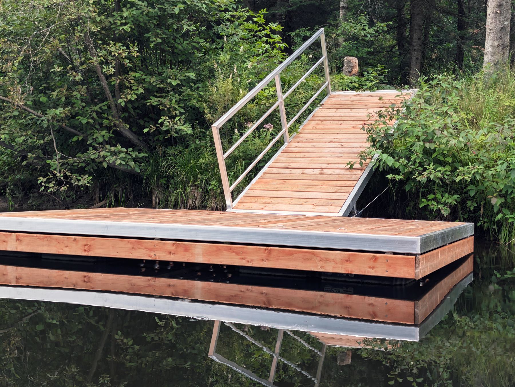 Marine-grade aluminum dock frame with cedar decking