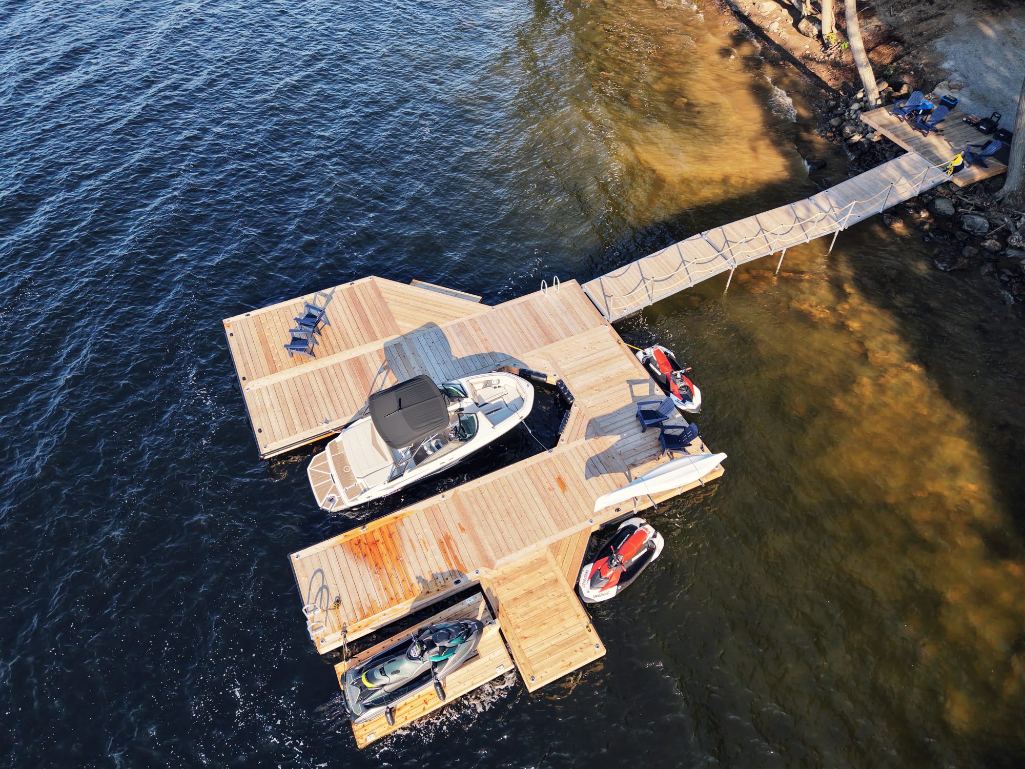 Aluminum floating dock at dusk on an Ontario lake